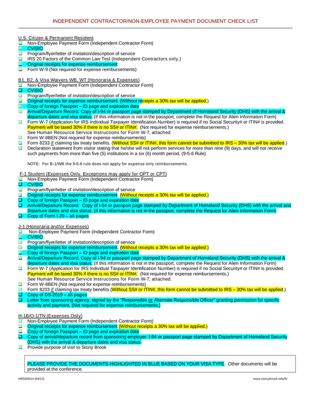 HRSD0014 Independent ContractorNon Employee Payment Document Check List screenshot