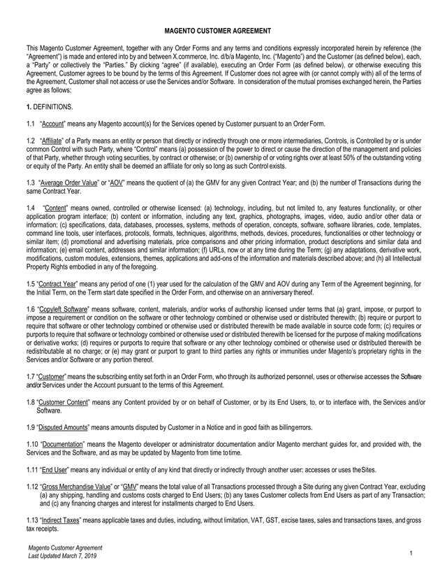 Magento Customer Agreement screenshot