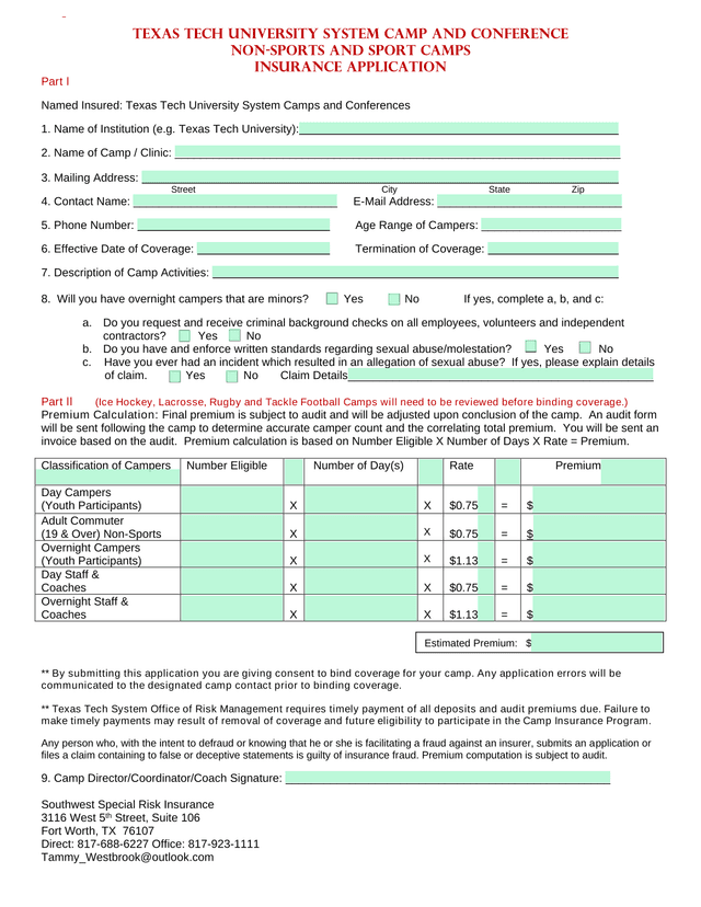 Texas Tech University System Camp And Conference Non Sports And Sport Camps Insurance Application screenshot