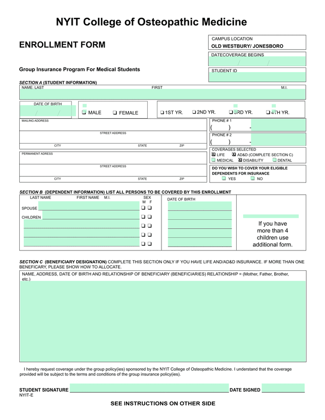 NYIT College Of Osteopathic Medicine Enrollment Form screenshot