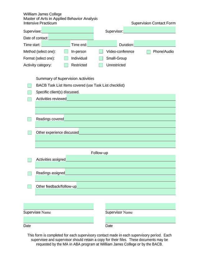 Intensive Practicum Supervision Contact Form screenshot