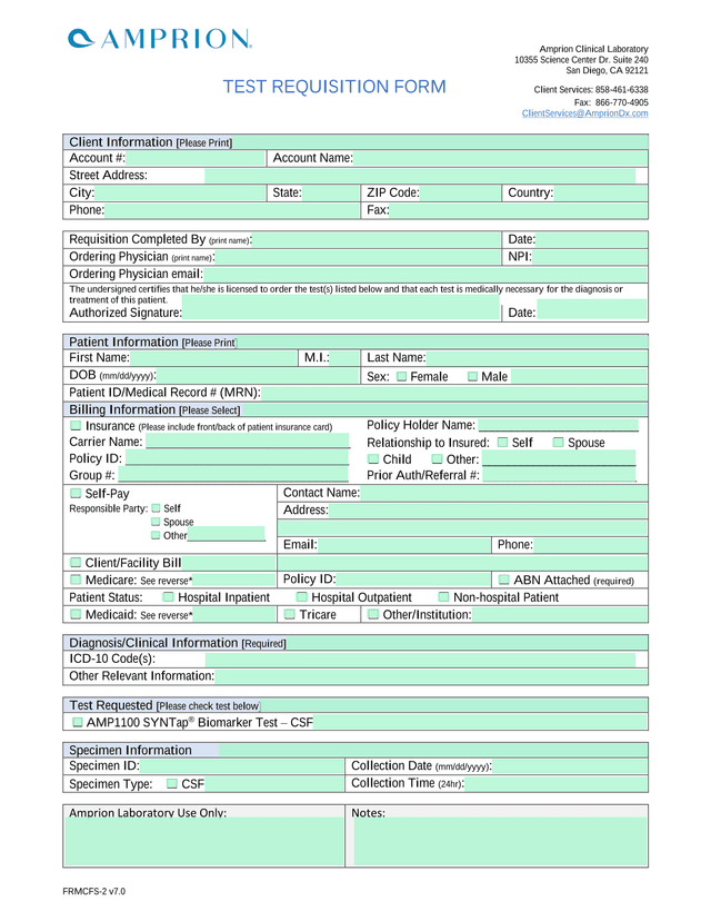 Amprion Clinical Laboratory Test Requisition Form screenshot