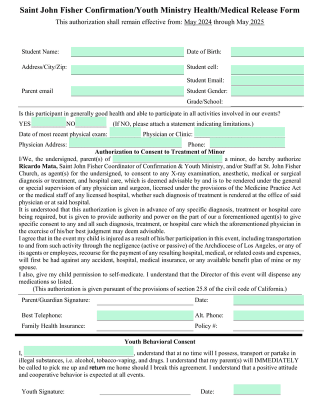 Saint John Fisher ConfirmationYouth Ministry HealthMedical Release Form screenshot