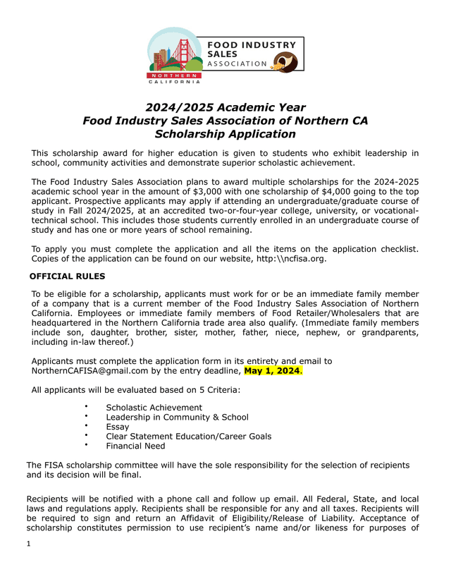 20242025 Academic Year Food Industry Sales Association Of Northern CA Scholarship Application screenshot