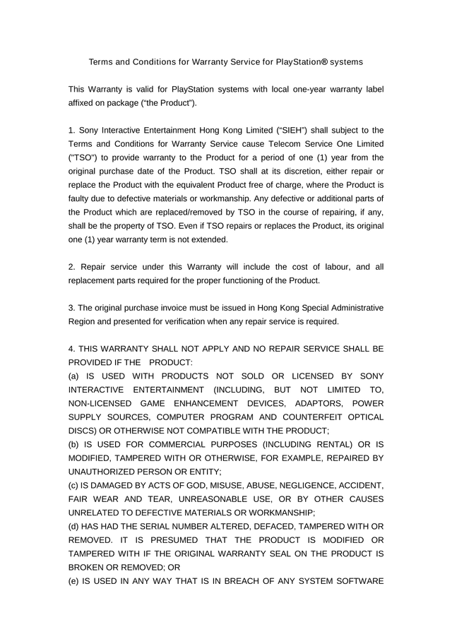 Terms And Conditions For Warranty Service For PlayStation Systems screenshot