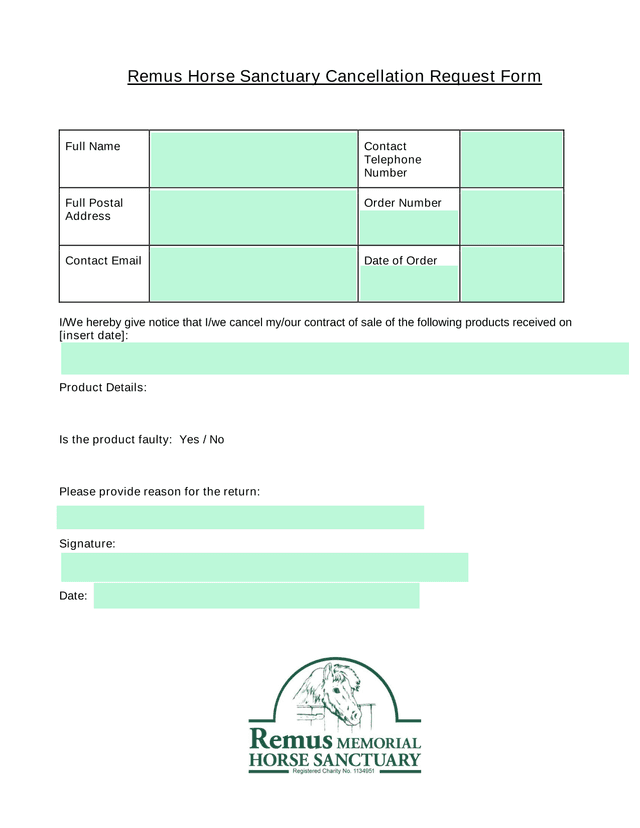Remus Horse Sanctuary Cancellation Request Form screenshot
