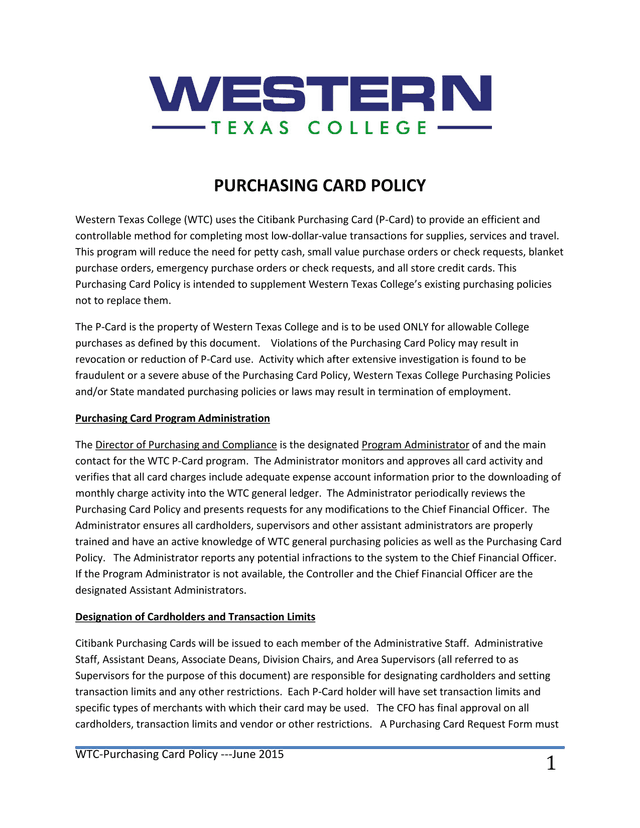 WTC Purchasing Card Policy screenshot