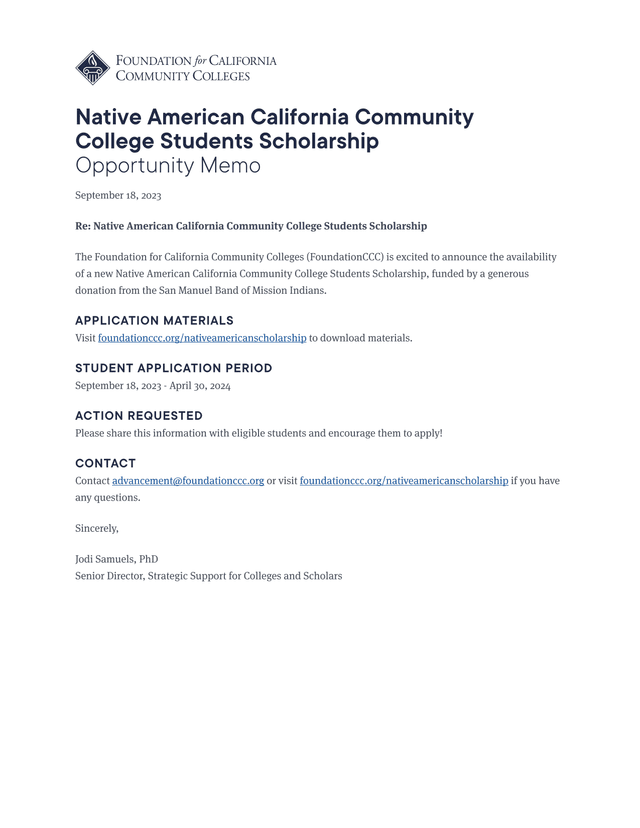 Native American California Community College Students Scholarship Opportunity Memo screenshot