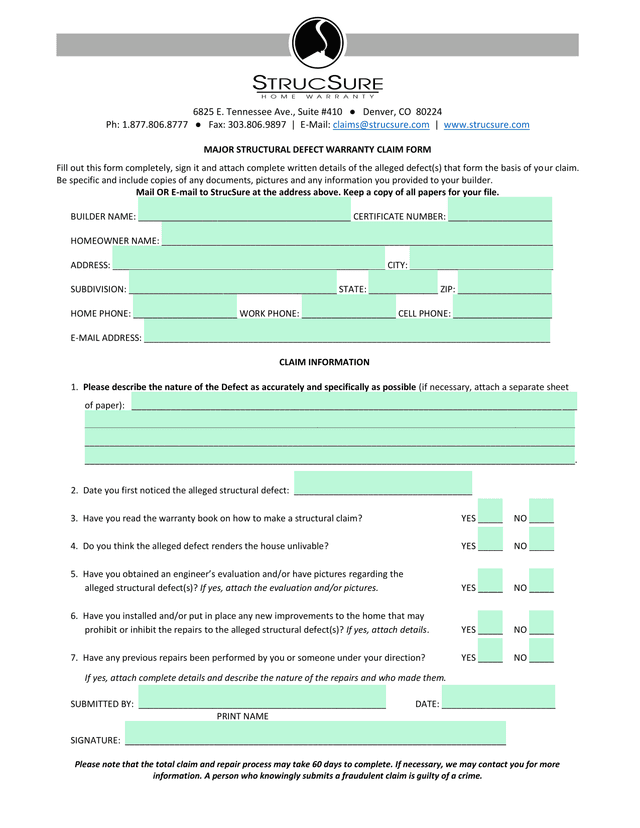 Major Structural Defect Warranty Claim Form screenshot