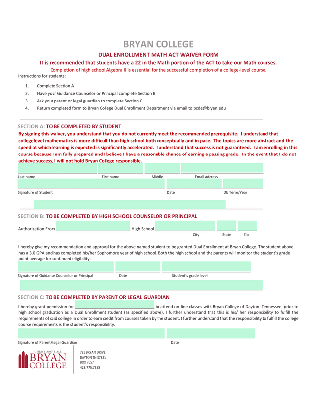 Bryan College Dual Enrollment Math ACT Waiver Form screenshot