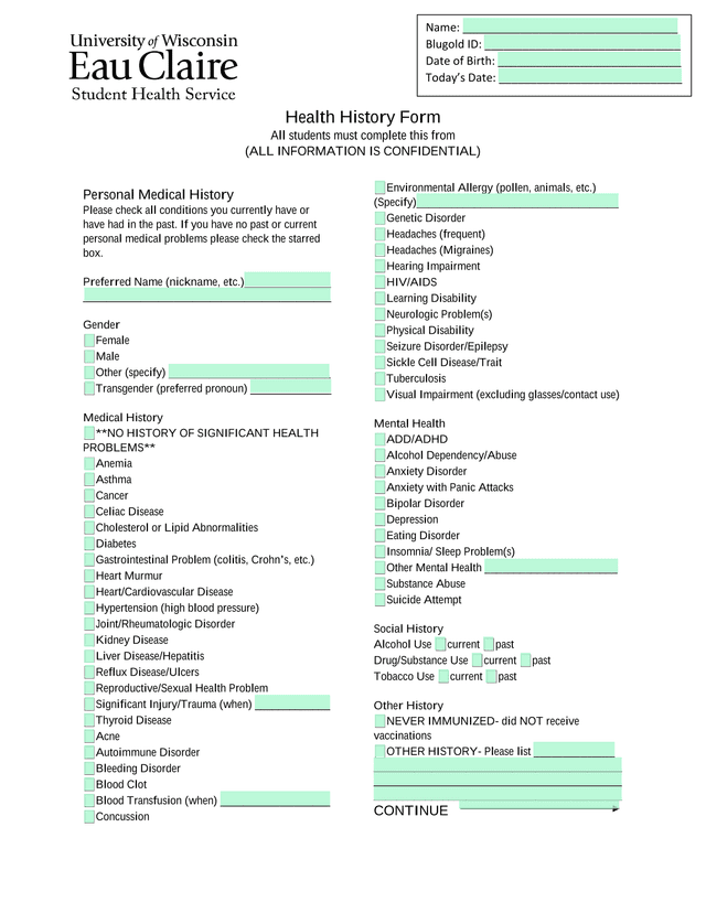 Health History Form screenshot