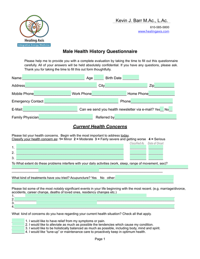 Male Health History Questionnaire screenshot