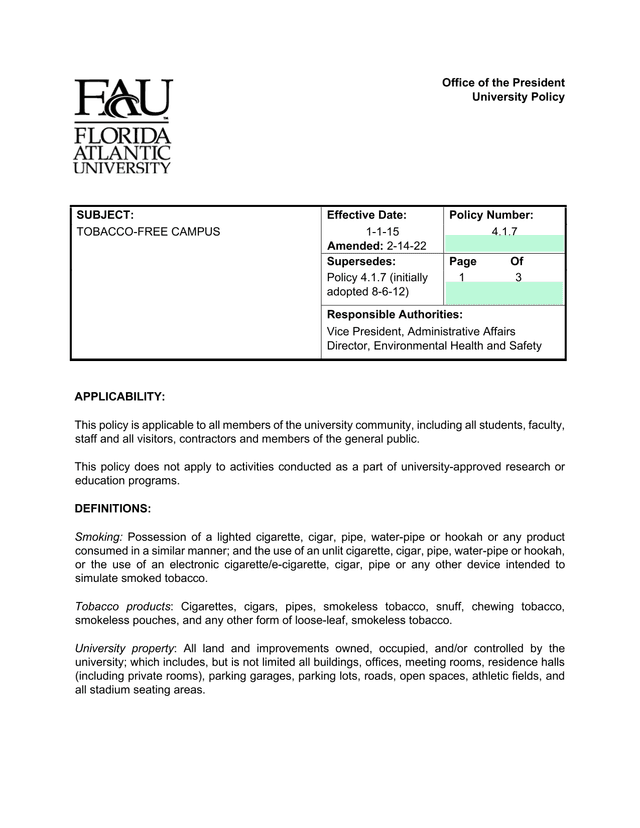 Tobacco Free Campus Policy screenshot