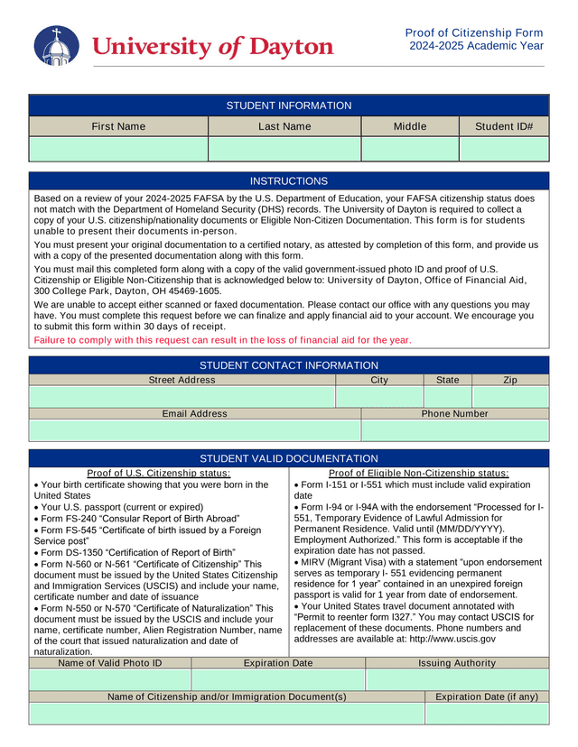 U.S. Citizenship Documentation Form screenshot