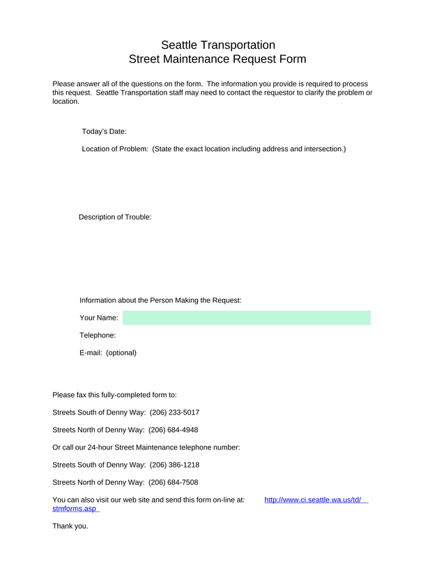 Street Maintenance Request Form screenshot