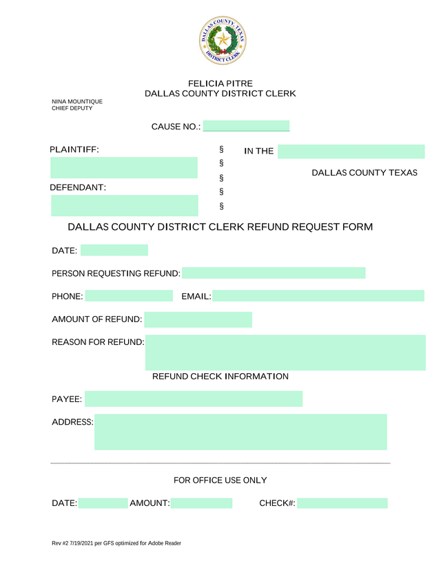 Dallas County District Clerk Refund Request Form screenshot