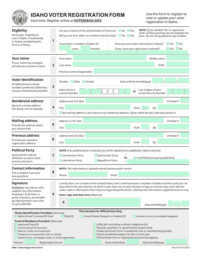 Idaho Voter Registration Form screenshot