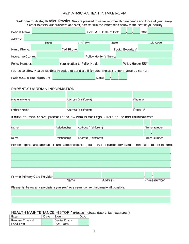 Pediatric Patient Intake Form screenshot