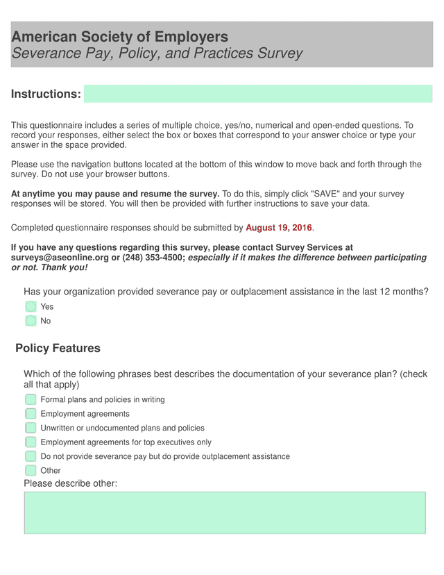 Severance Pay, Policy, And Practices Survey screenshot