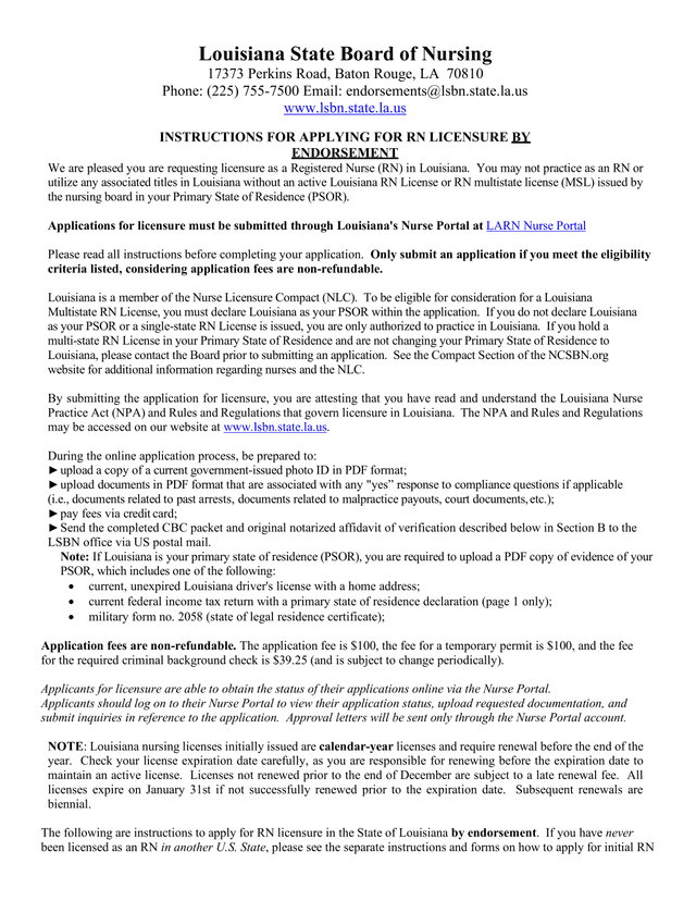 Instructions For Applying For RN Licensure By Endorsement screenshot