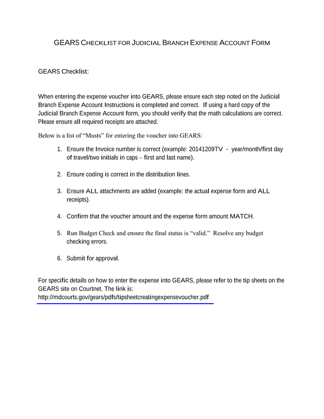 GEARS Checklist For Judicial Branch Expense Account Form screenshot