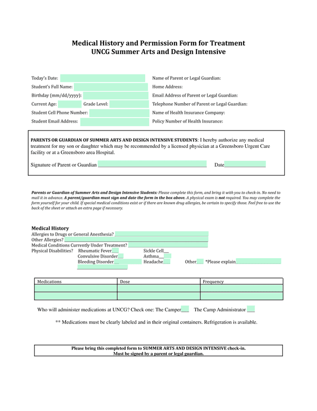 Medical History And Permission Form For Treatment screenshot