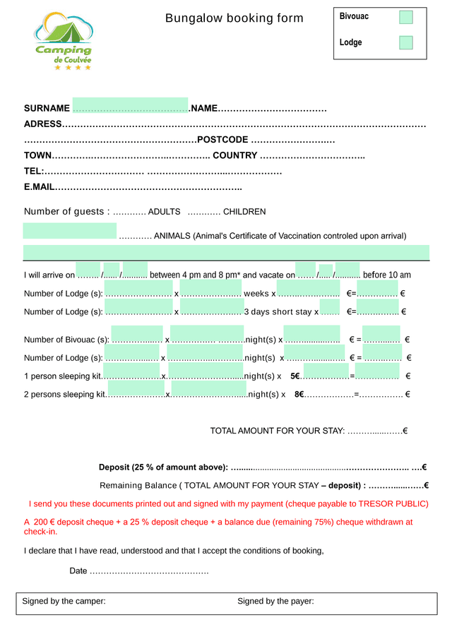 Bungalow Booking Form screenshot