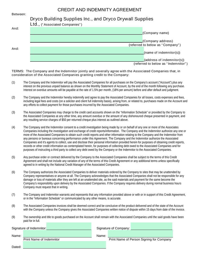 Credit And Indemnity Agreement screenshot