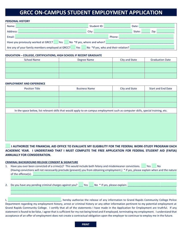 GRCC On Campus Student Employment Application screenshot