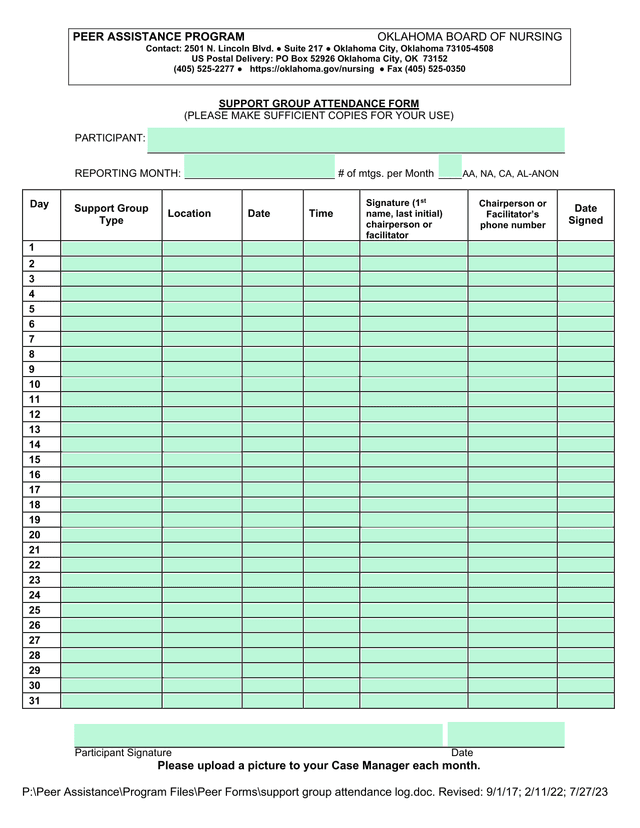 Support Group Attendance Form screenshot
