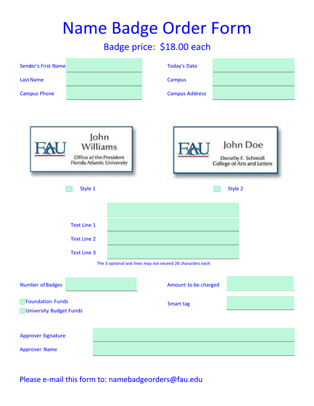 Name Badge Order Form screenshot