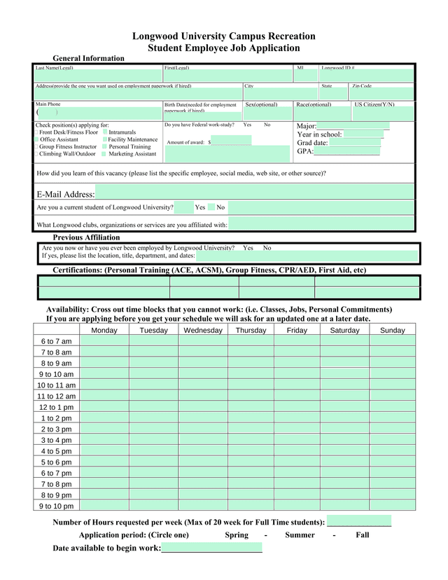 Longwood University Campus Recreation Student Employee Job Application screenshot