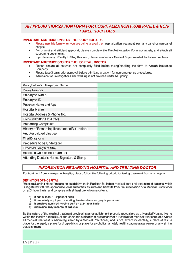 AFI PRE AUTHORIZATION FORM FOR HOSPITALIZATION FROM PANEL  NON PANEL HOSPITALS screenshot