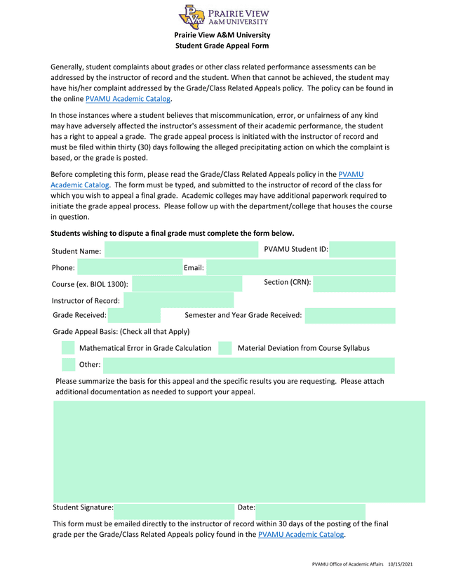 Student Grade Appeal Form screenshot