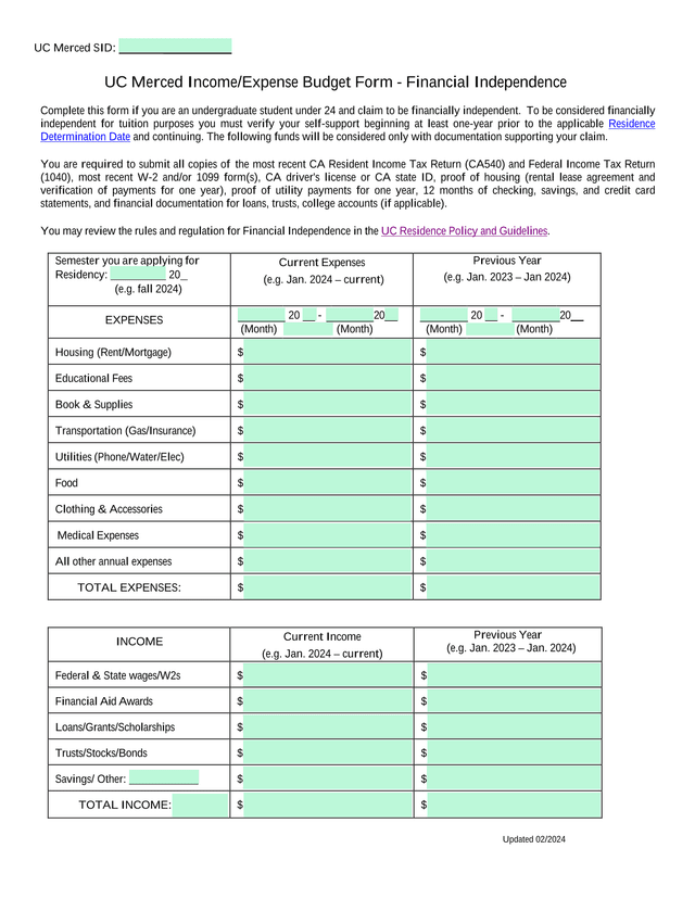 UC Merced IncomeExpense Budget Form   Financial Independence screenshot