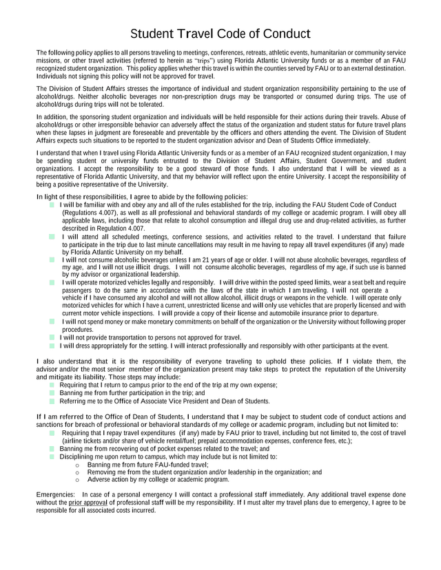 Student Travel Code Of Conduct screenshot