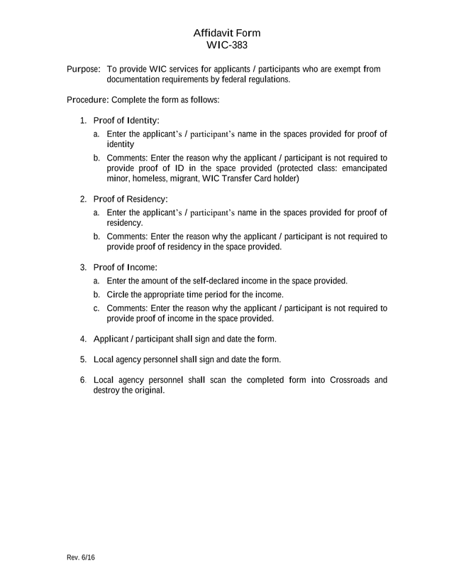 WIC 383 Affidavit Form screenshot