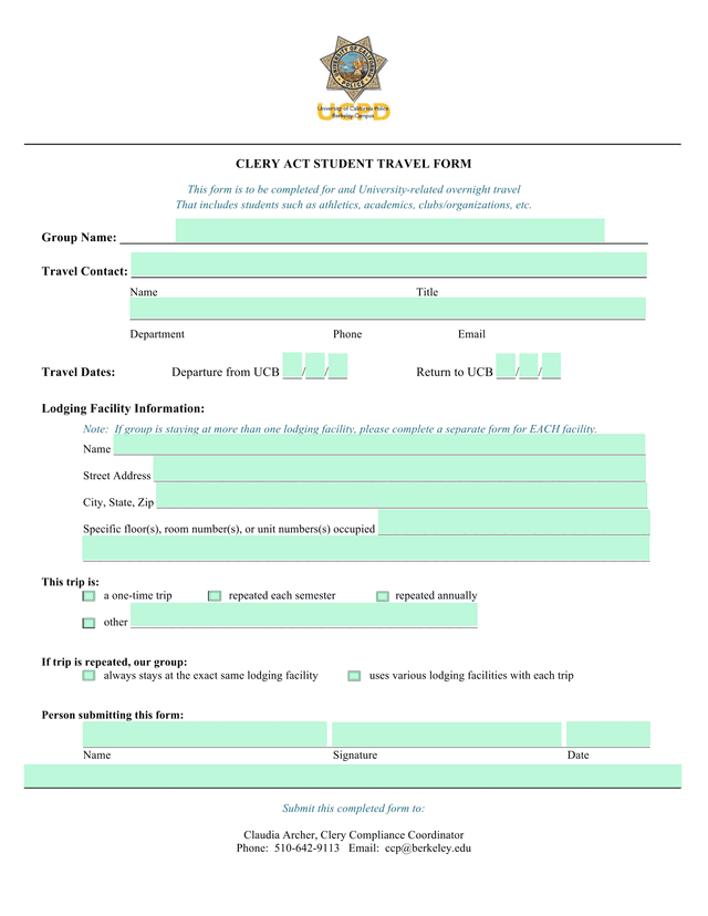 CLERY ACT STUDENT TRAVEL FORM screenshot