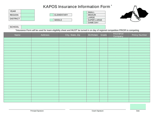 KAPOS Insurance Information Form screenshot