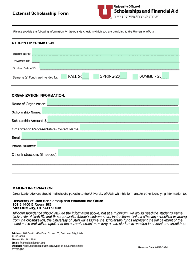 External Scholarship Form screenshot