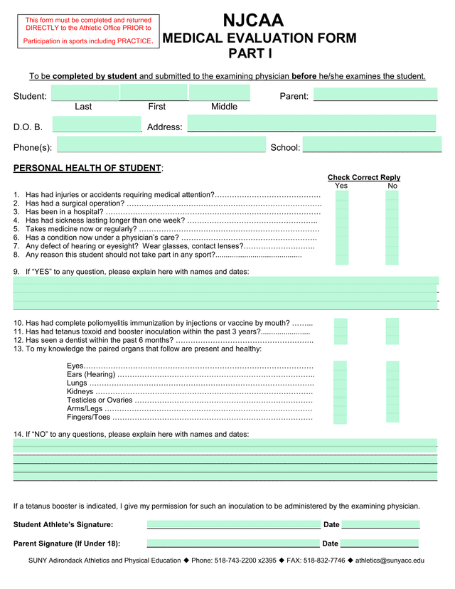 NJCAA Medical Evaluation Form screenshot