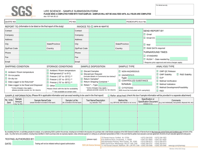 Life Science   Sample Submission Form screenshot