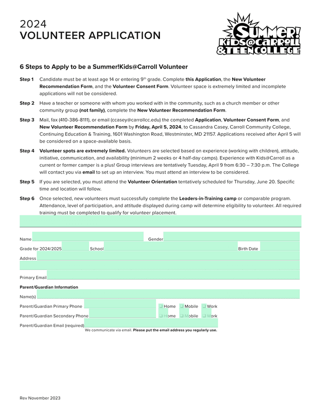 2024 VOLUNTEER APPLICATION screenshot
