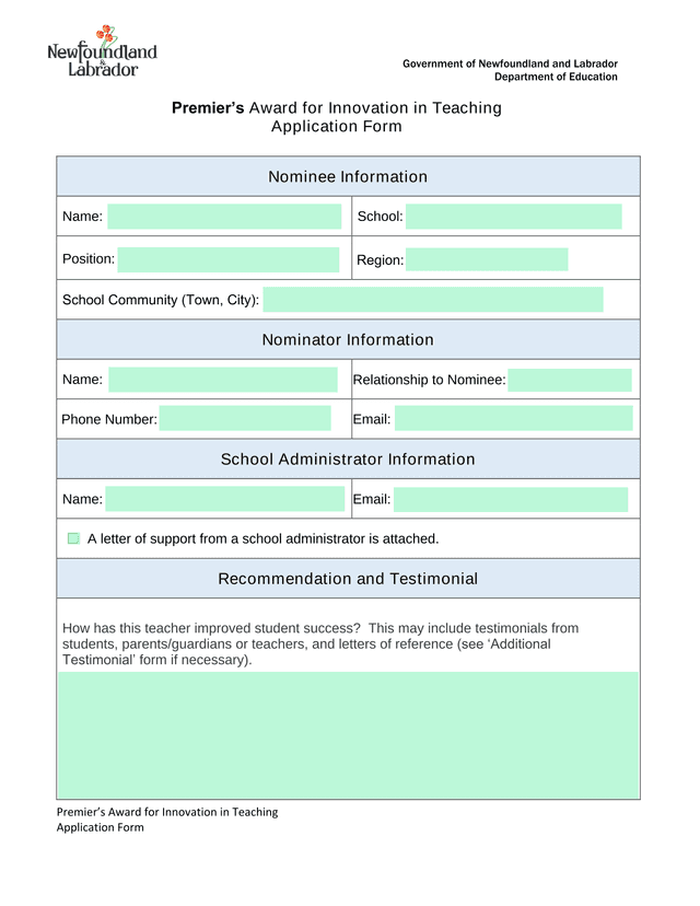 PremierS Award For Innovation In Teaching Application Form screenshot