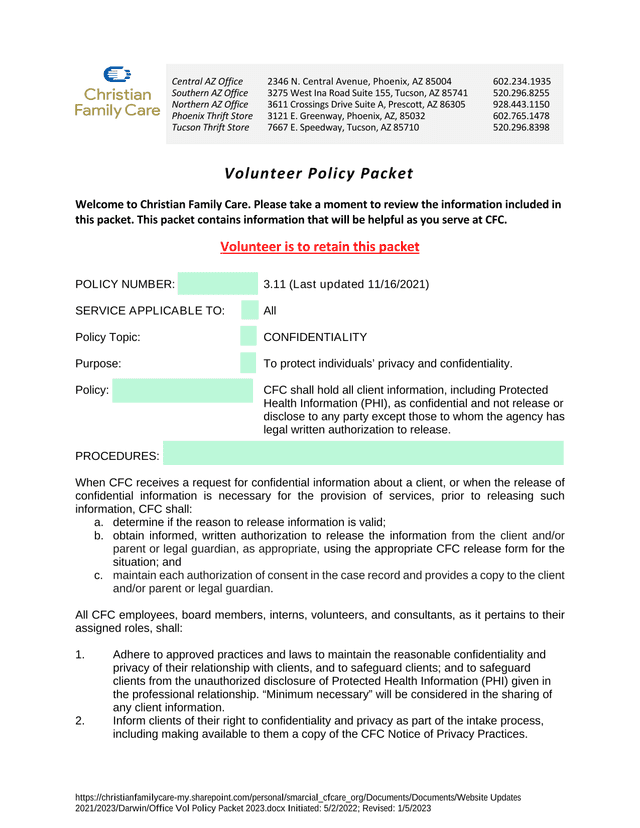 Volunteer Policy Packet screenshot