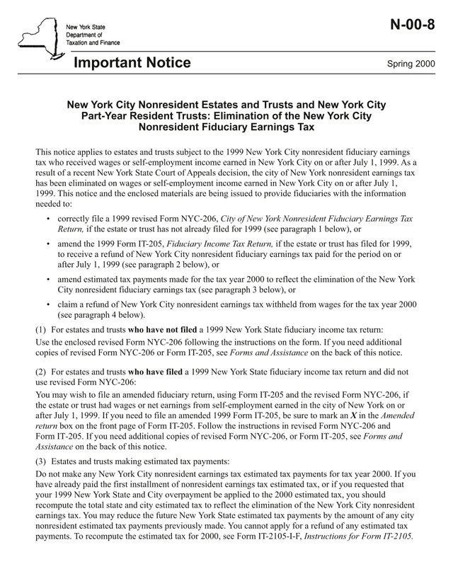 N 00 8 Elimination Of New York City Nonresident Fiduciary Earnings Tax screenshot