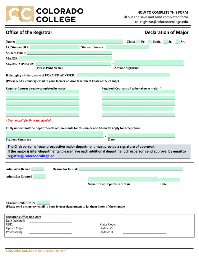 Colorado College Major Declaration Form screenshot