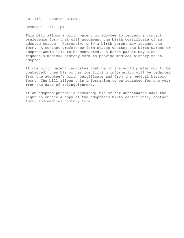 HB 1713    ADOPTEE RIGHTS screenshot