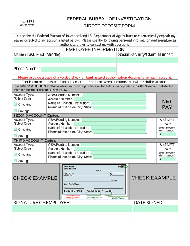 FBI Direct Deposit Form screenshot