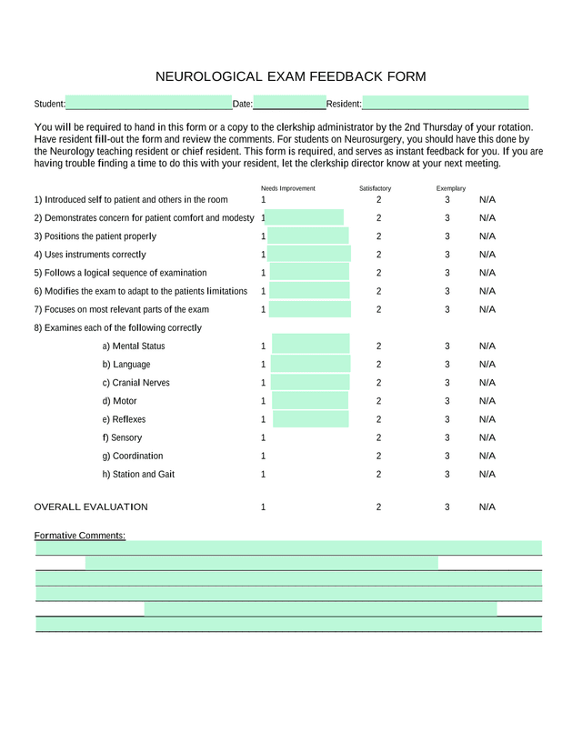Neurological Exam Feedback Form screenshot